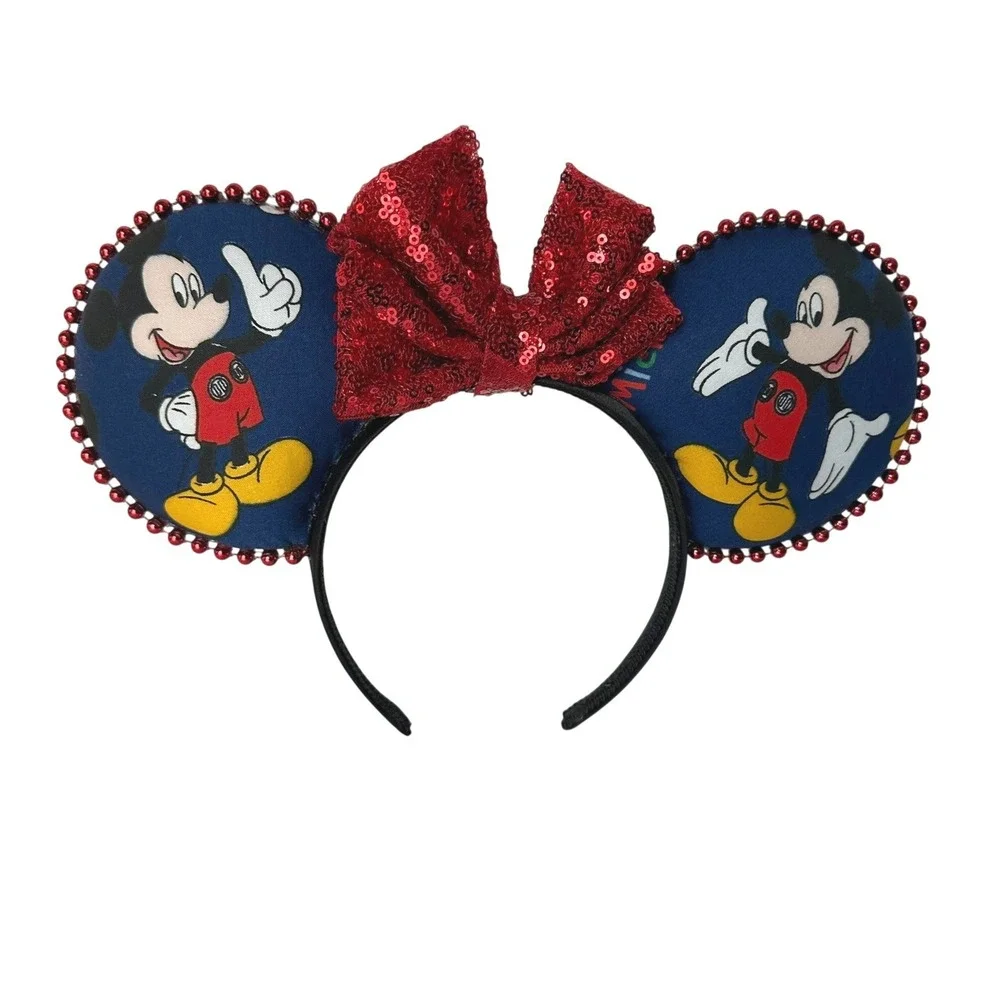 Mickey Mouse Ears Headband Red Sequin Bow Blue Character Print Disney Accessory
